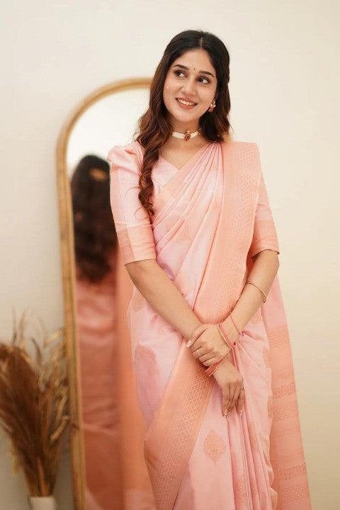 Peach Silk Saree with Subtle Zari Border