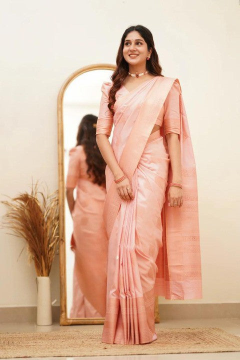 Peach Silk Saree with Subtle Zari Border