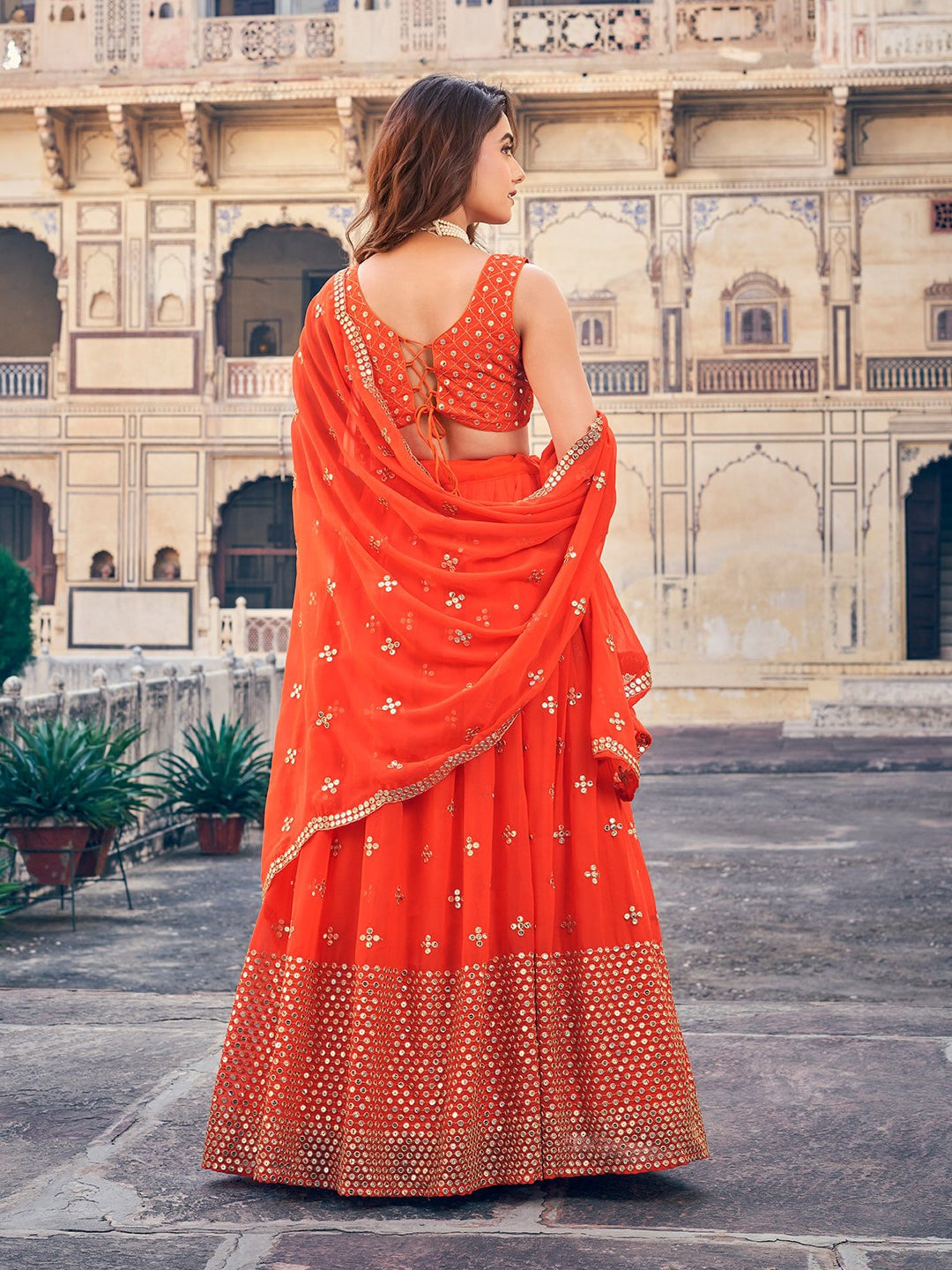 Georgette Wedding Wear Orange Lehenga Choli