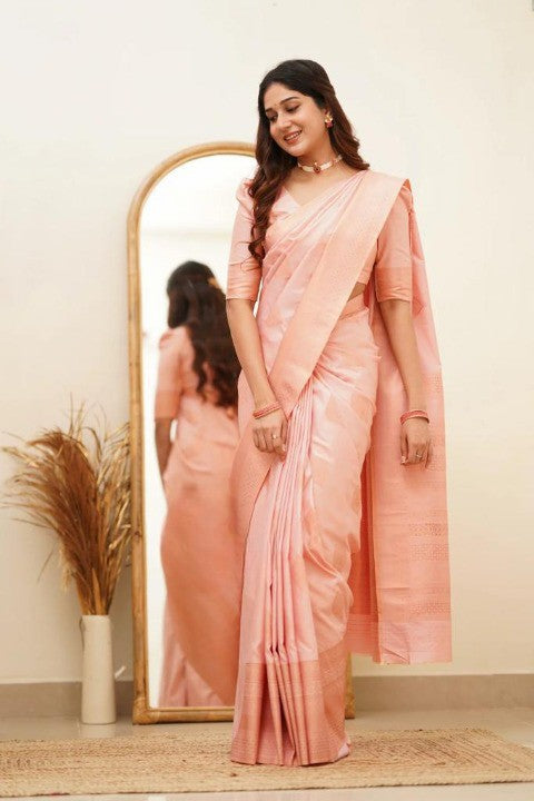 Peach Silk Saree with Subtle Zari Border