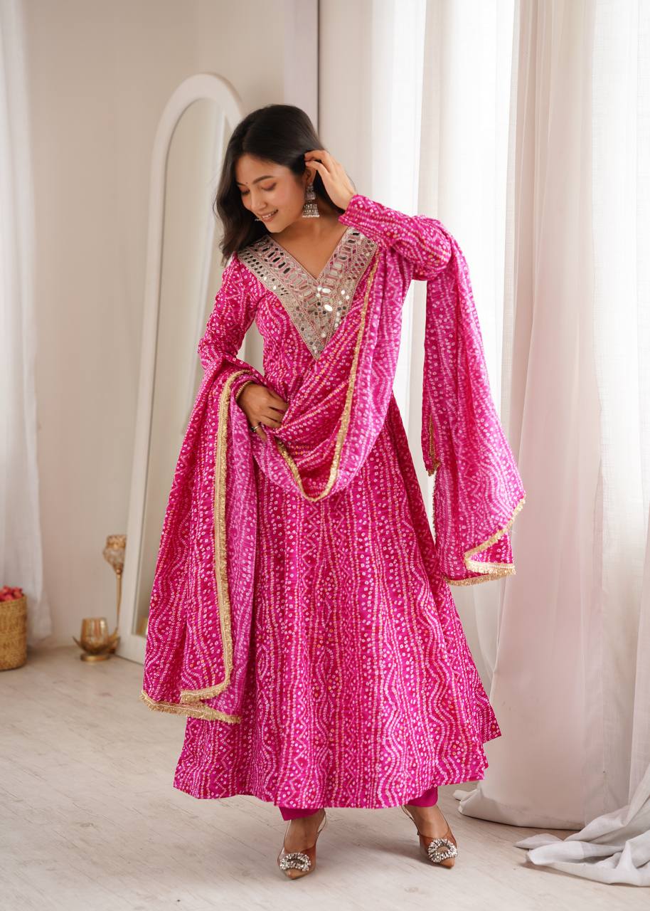 Bandhani Print Silk Flared Anarkali Suit Set with Heavy Mirror Work V-Neckline