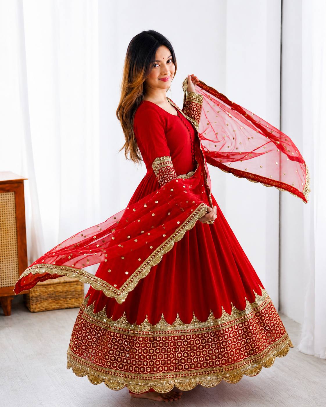 Georgette Anarkali Suit Set with Heavy Scallop Embroidered Border & Dupatta