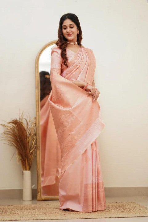 Peach Silk Saree with Subtle Zari Border