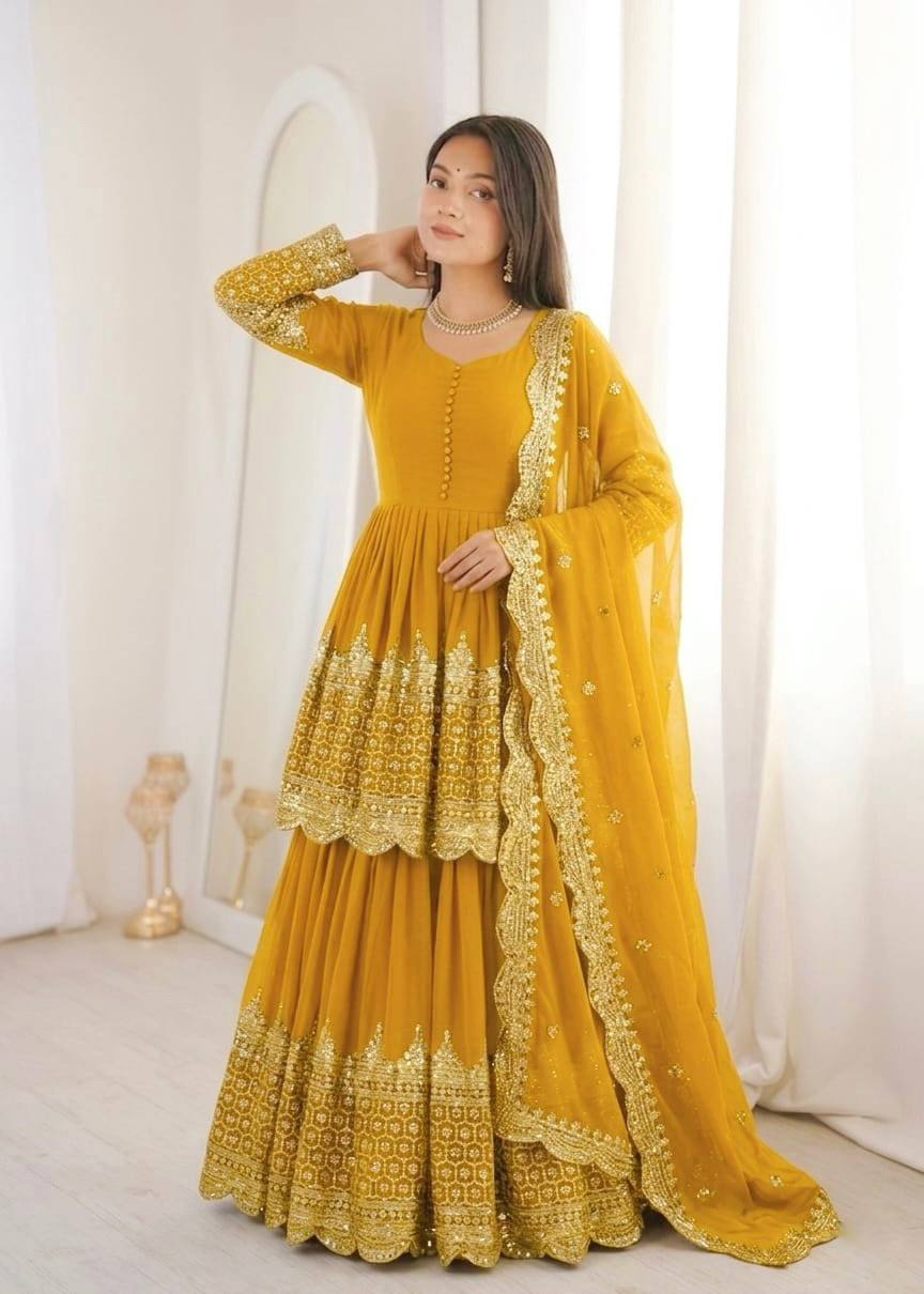 Georgette Tiered Peplum Kurti with Sharara & Net Dupatta Set