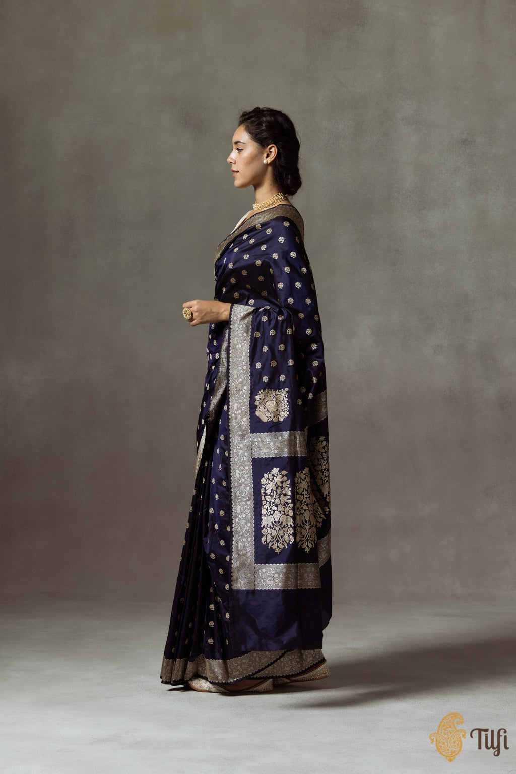 Blue Banarasi Silk Saree with Gold Zari Motifs & Border