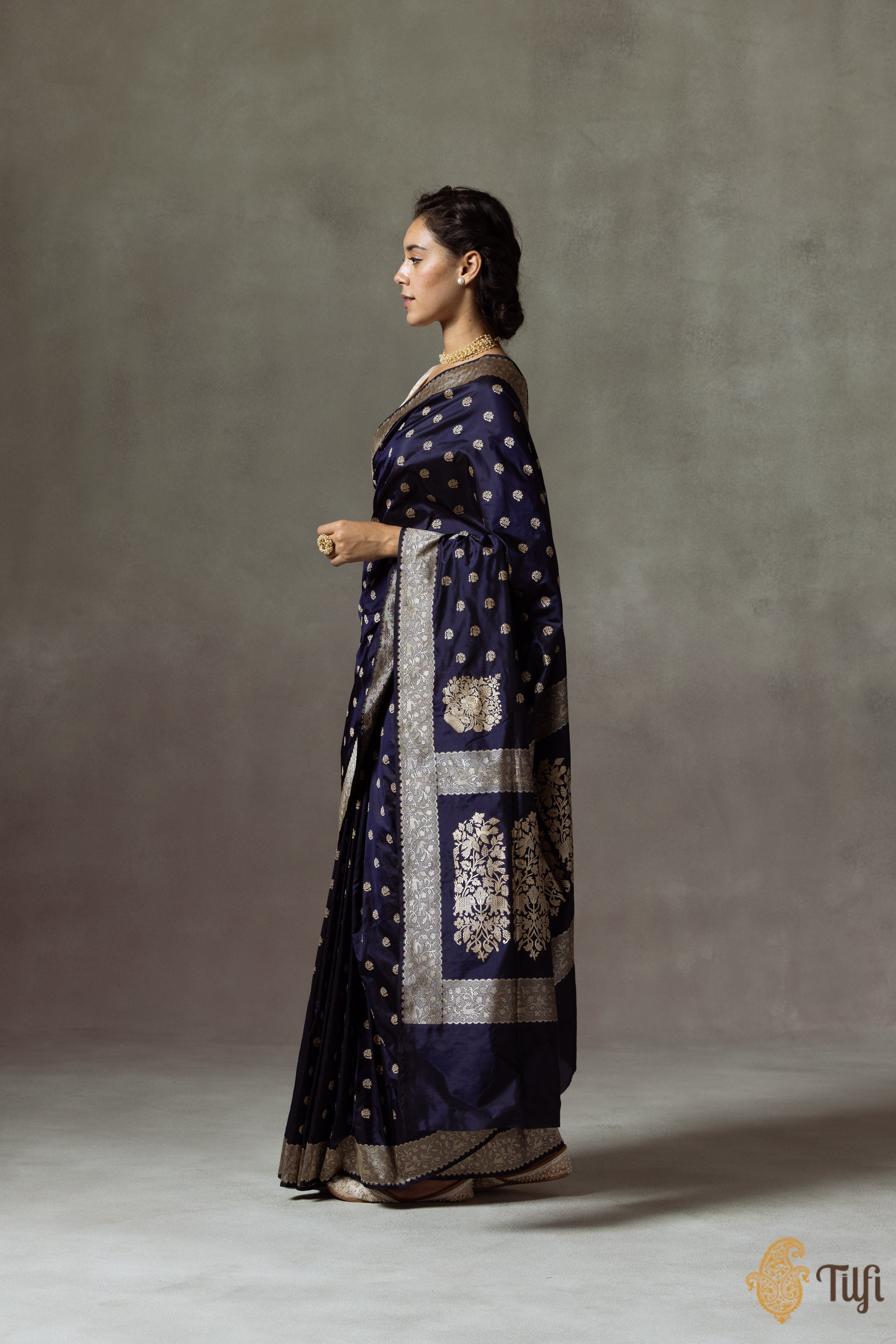 Blue Banarasi Silk Saree with Gold Zari Motifs & Border