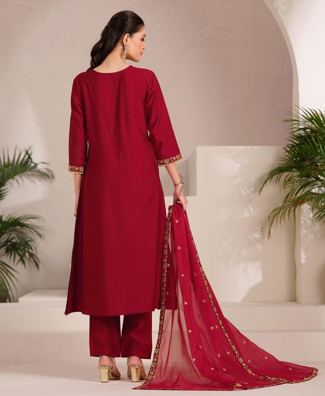 Red Embroidered Kurta Set with Dupatta for Women