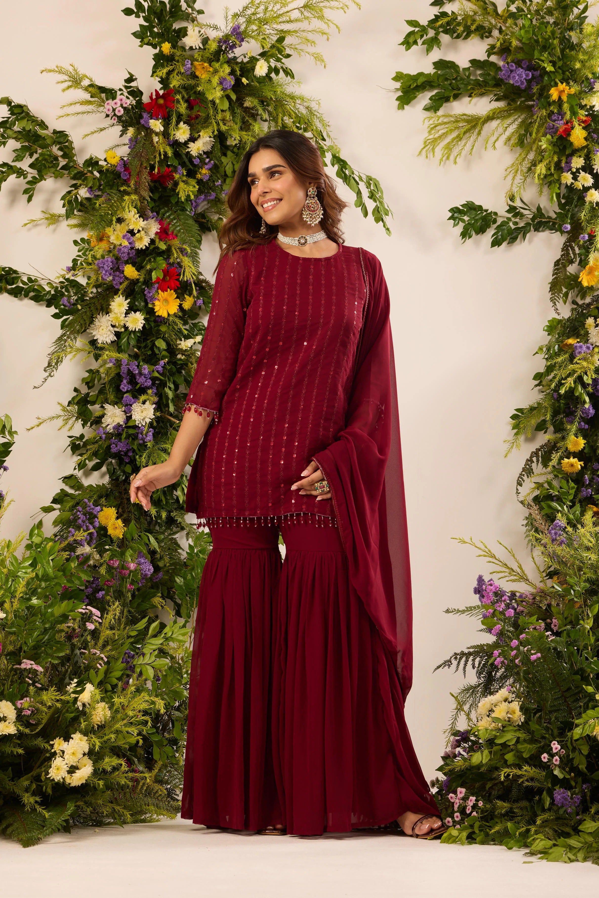Elegant Maroon Georgette Sequin Embroidery Kurti with Pleated Sharara Pants & Matching Dupatta Set for Women