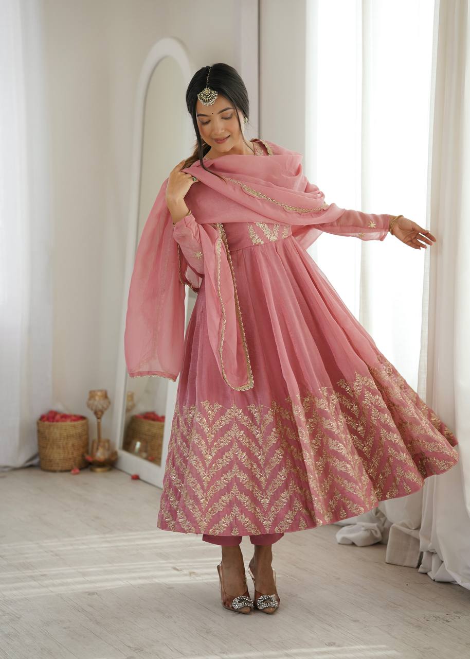Graceful Salmon Peach Chevron Sequins Embroidered Flared Anarkali Suit Set with Organza Dupatta for Women