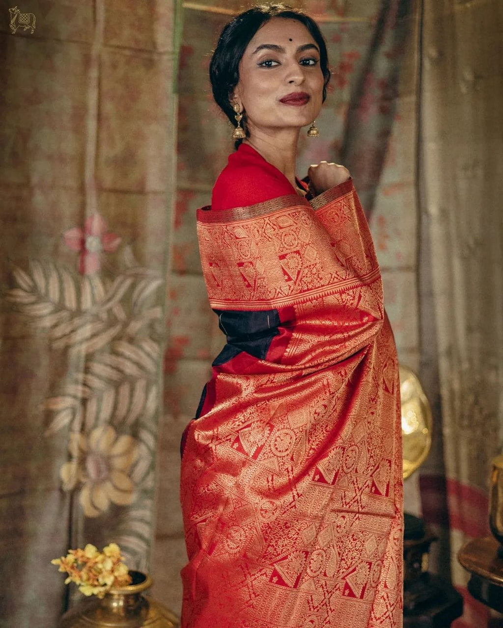 Black Silk Saree with Red-Gold Brocade Pallu