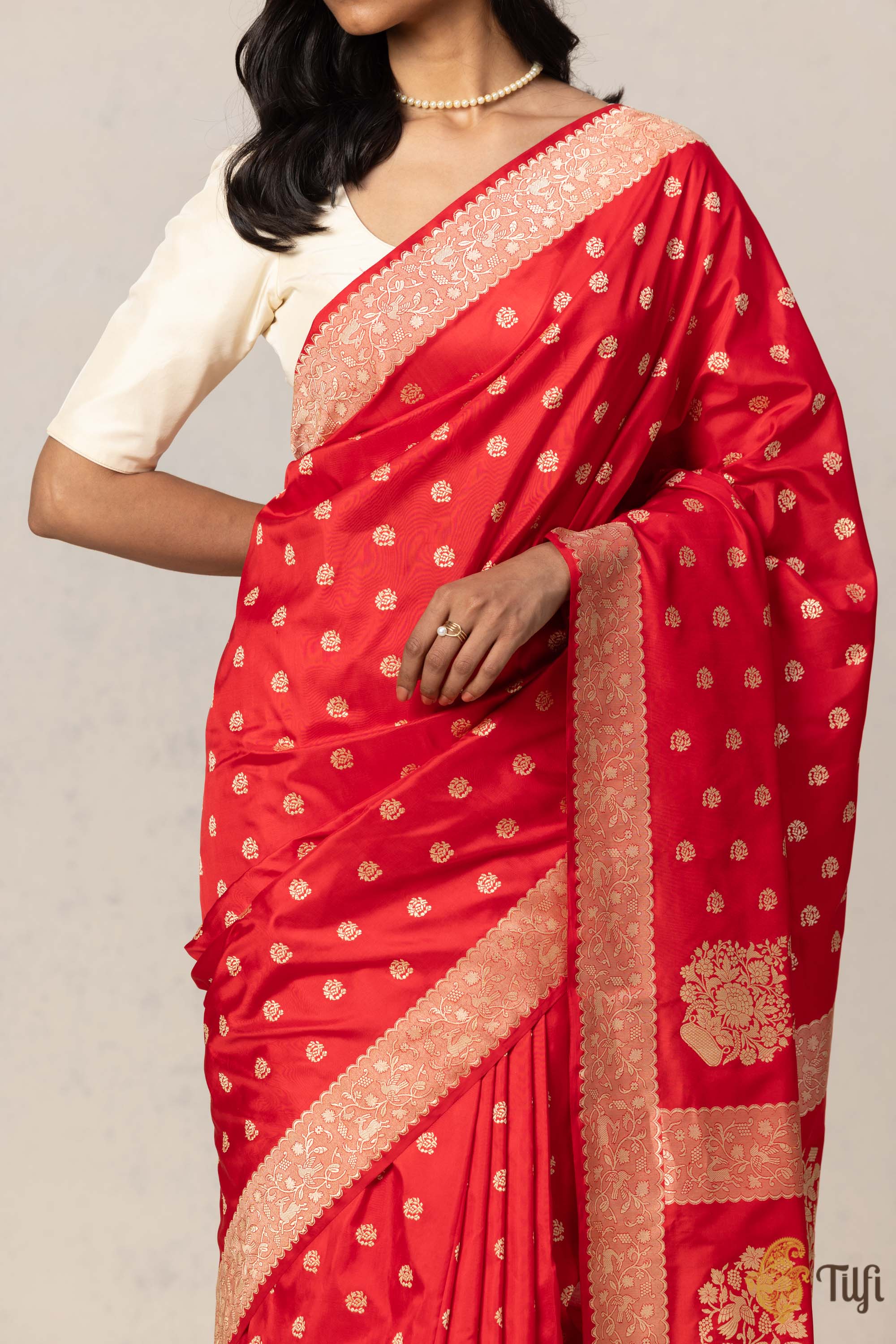 Red Banarasi Silk Saree with Gold Zari Motifs & Border