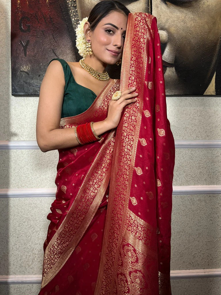 Crimson Red Silk Saree with Gold Zari Work