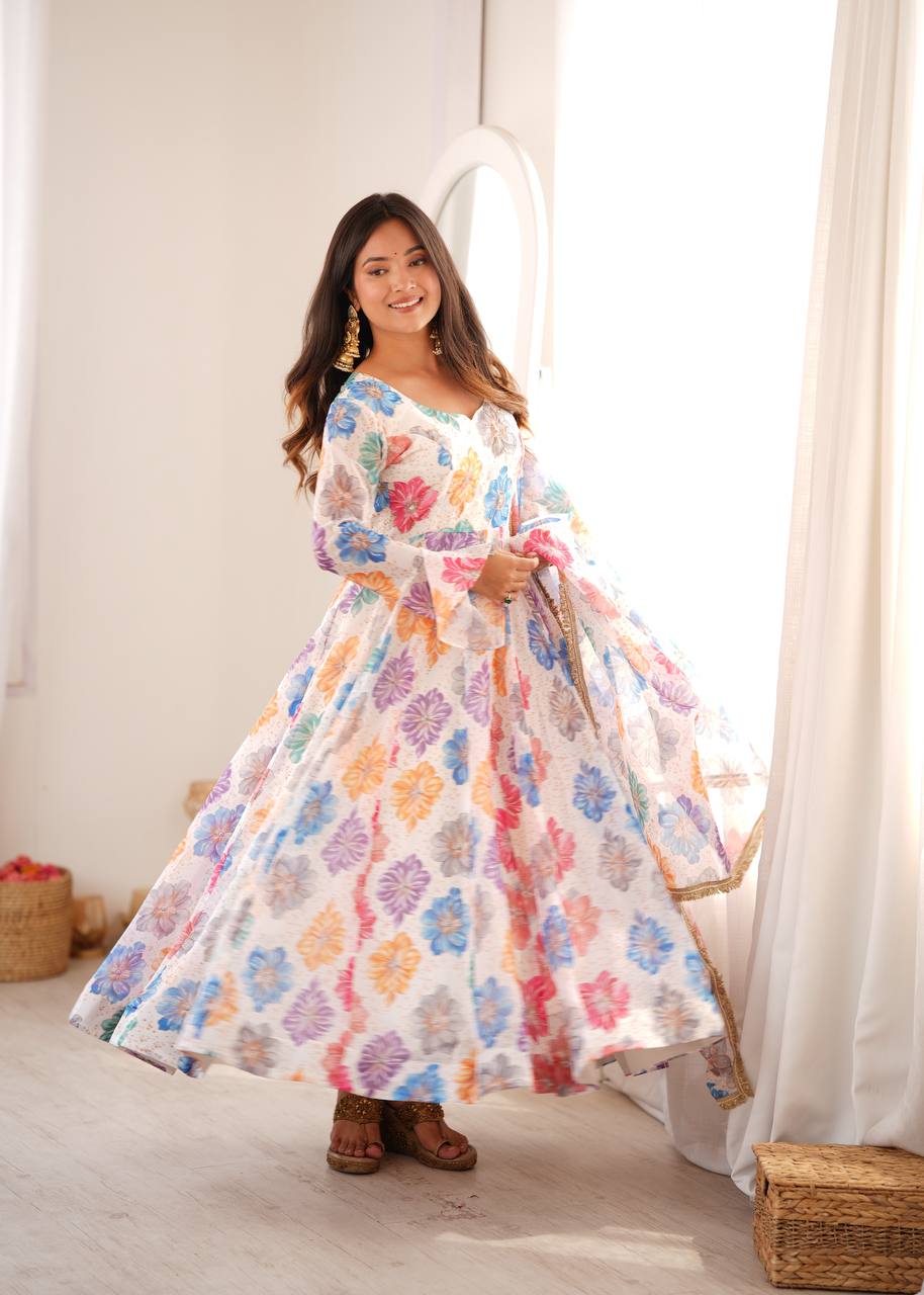 White Floral Printed Organza Anarkali Suit Set with Dupatta