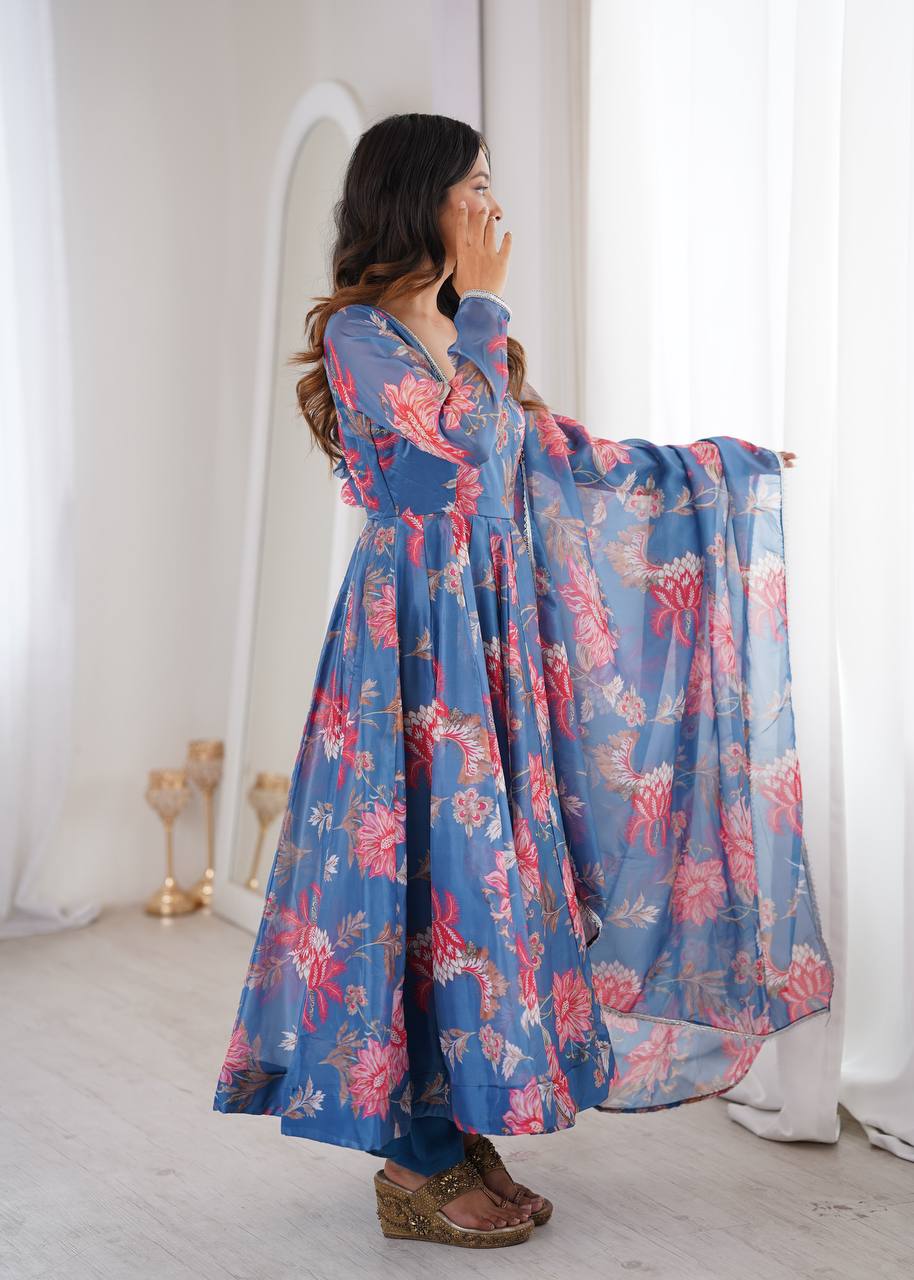 Blue Floral Print Georgette Anarkali Set with Dupatta
