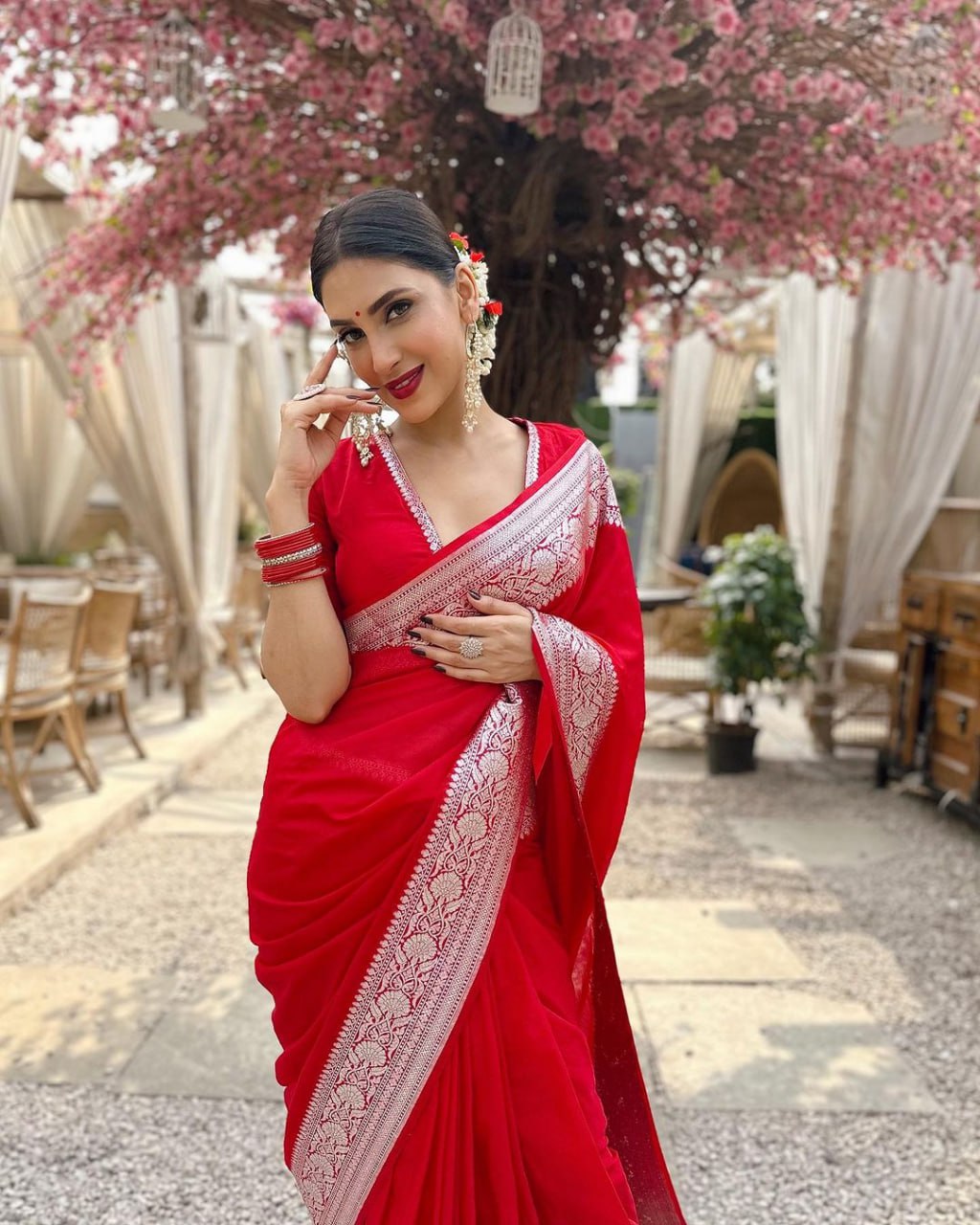 Bright Red Silk Saree with Silver Zari Border