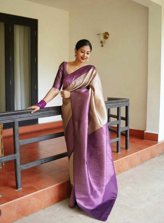 Lavender Beige Royal Silk Saree