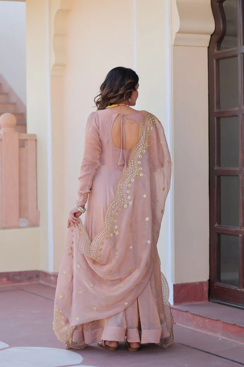 Dusty Rose Silk Tissue Flared Anarkali Suit Set