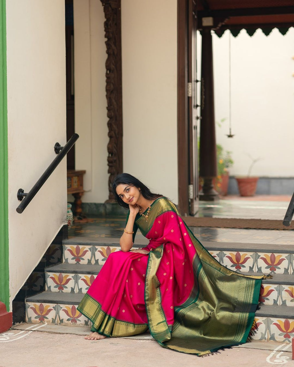 Pink Silk Saree with Green & Gold Border