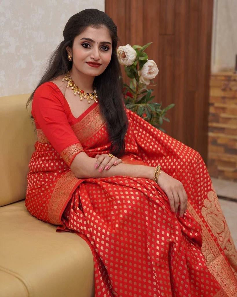 Red Silk Saree with Gold Zari Polka Motifs & Rich Border