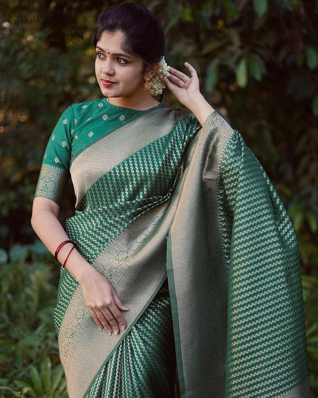 Elegant Olive Green Silk Saree with Gold Zari Border