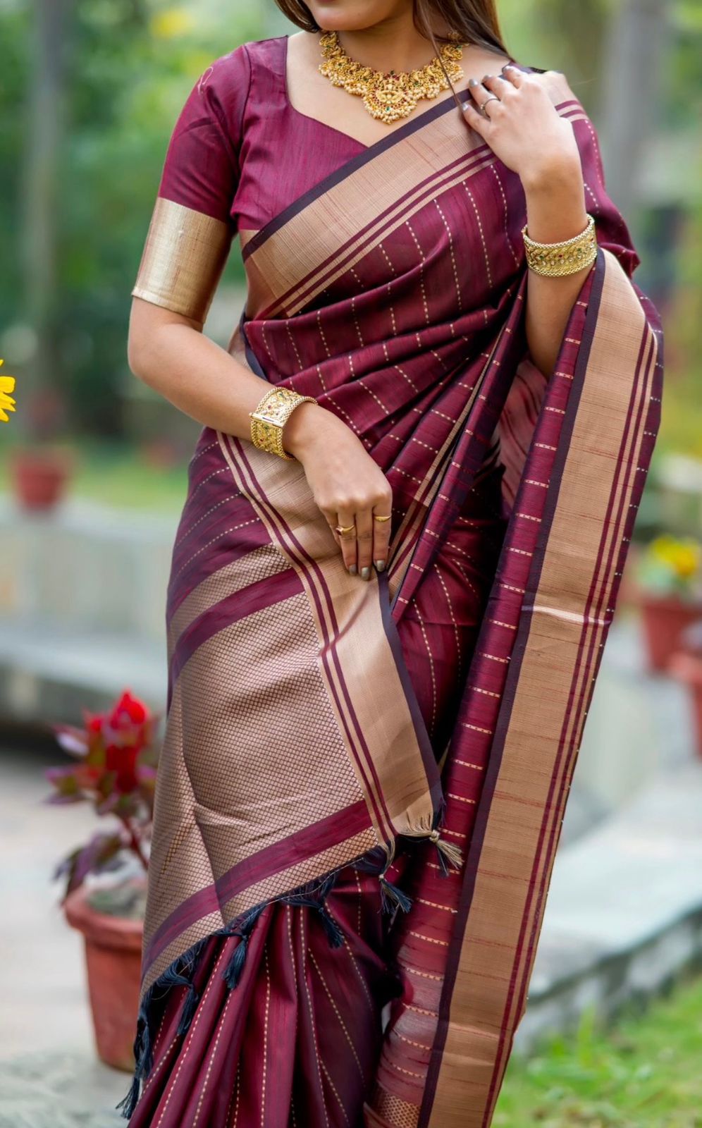 Maroon Silk Saree with Gold Border