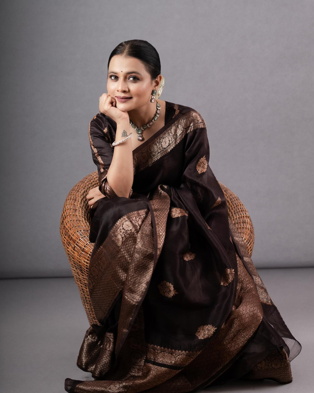 Chocolate Brown Silk Saree with Antique Gold Zari