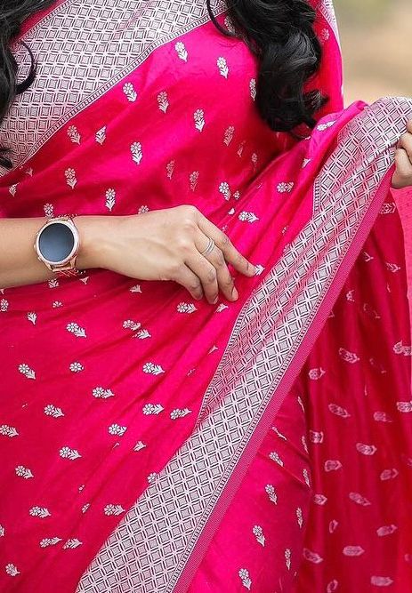 Hot Pink Cotton Silk Saree with Silver Border