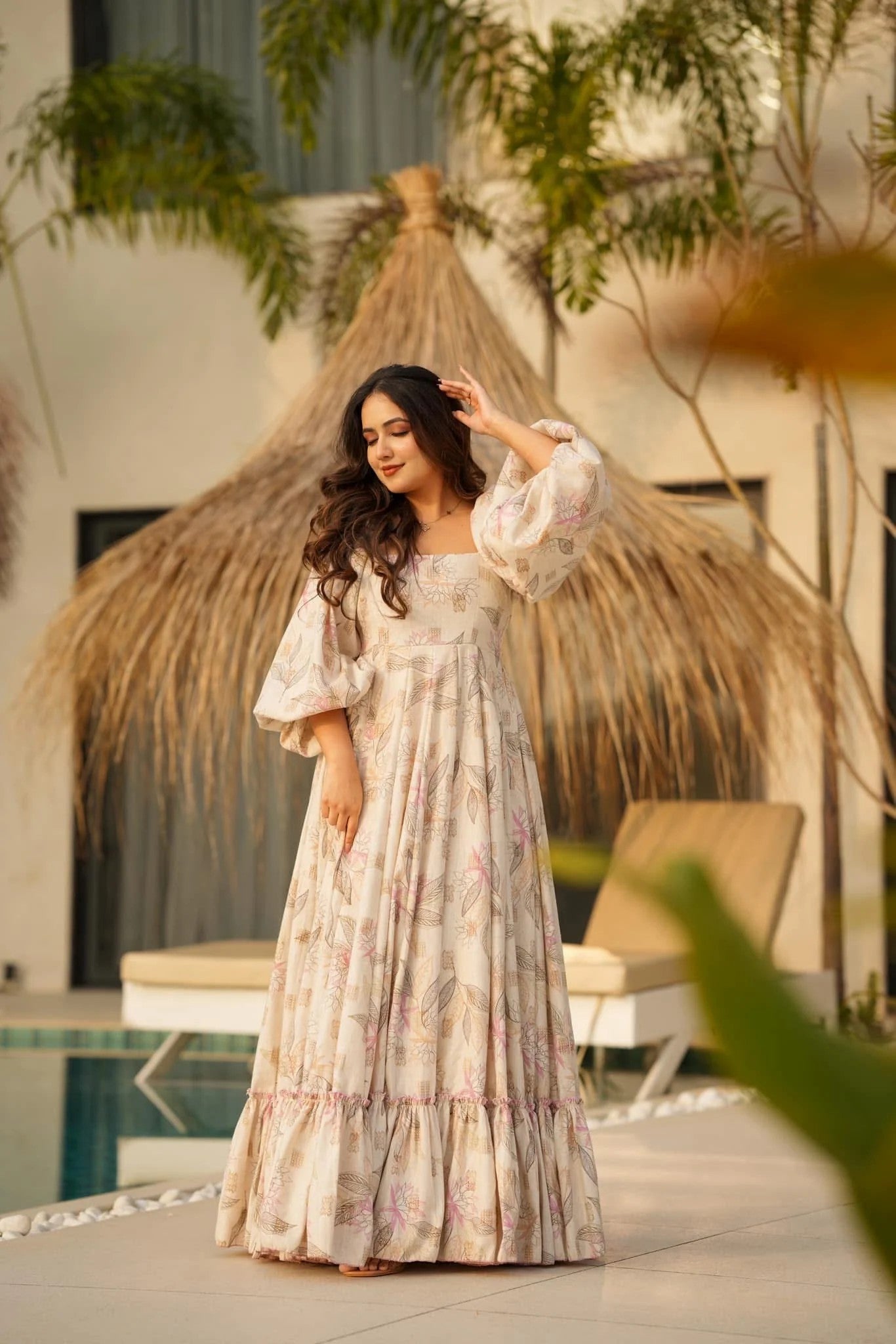 Beige Floral Maxi Dress for Women