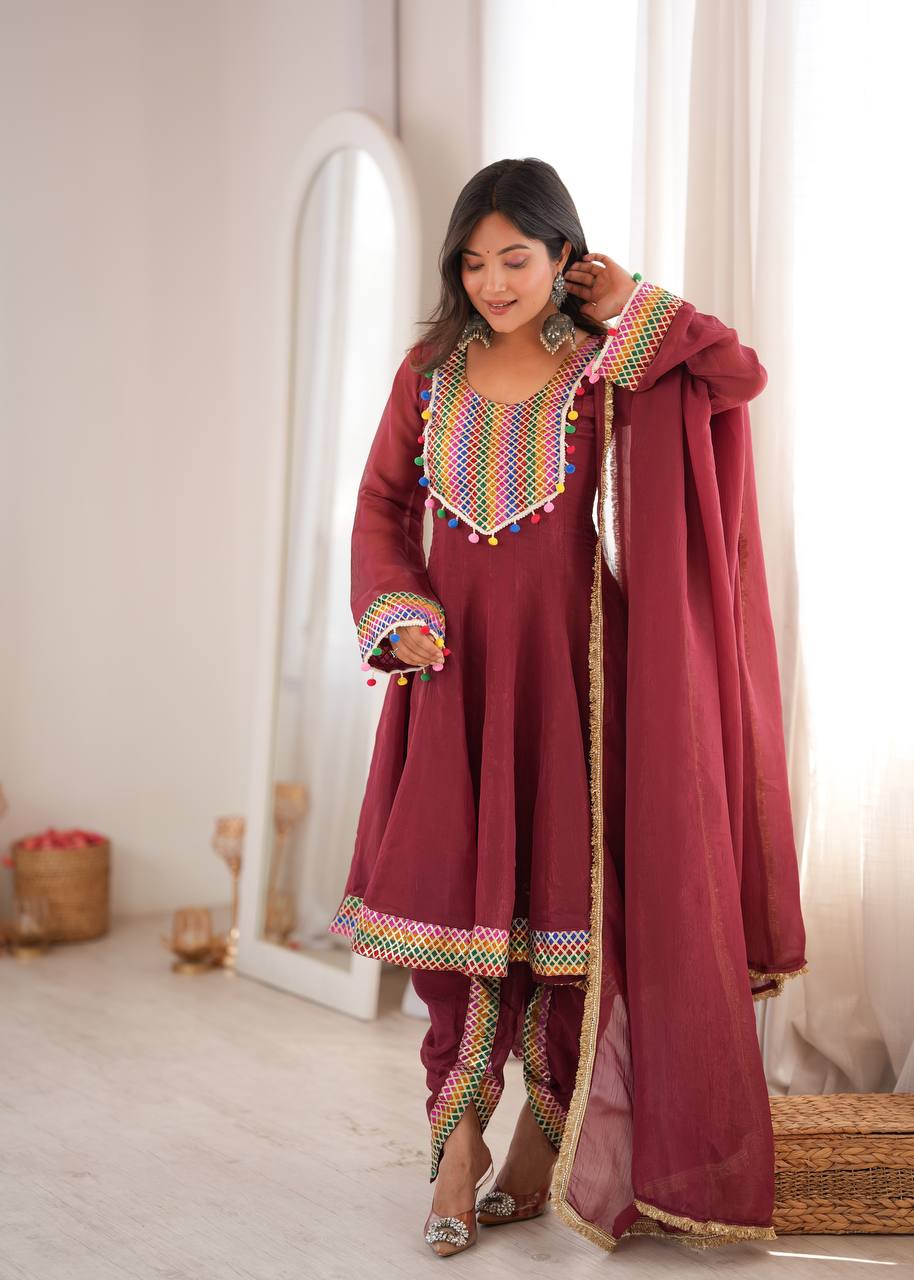 Maroon Anarkali Kurta Dhoti Pant Set with Lace & Pom-Poms