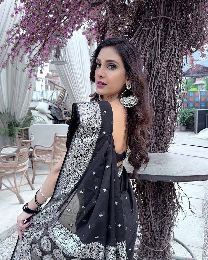 Black Silk Saree with Silver Zari Border