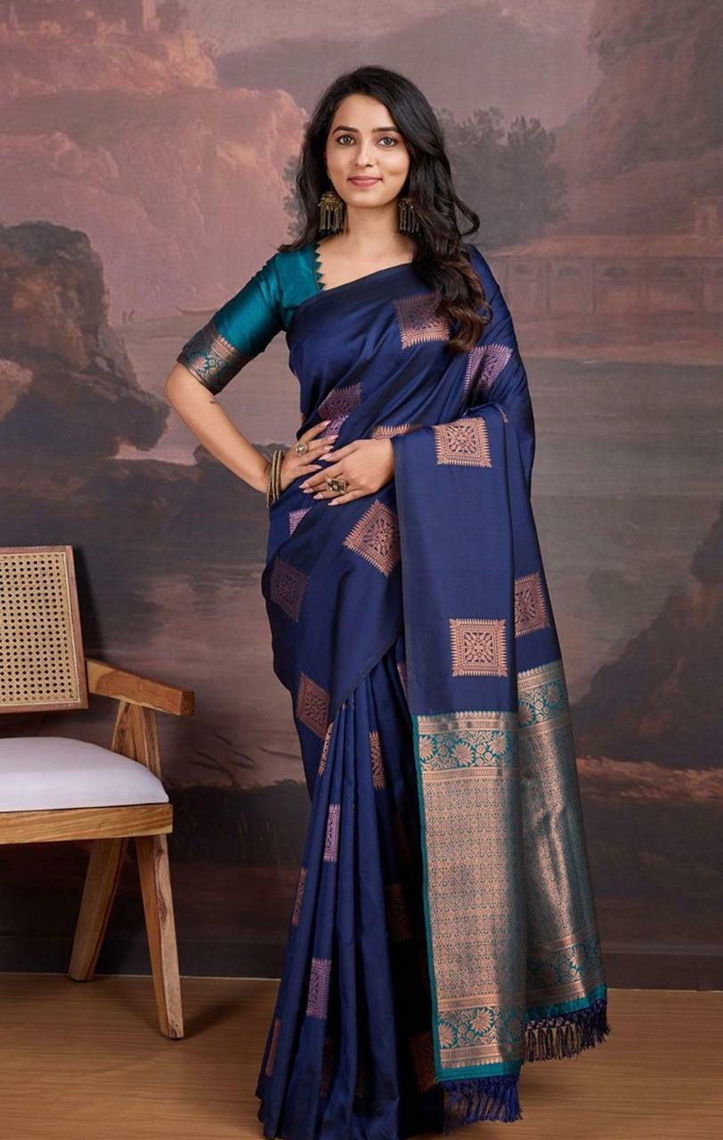 Royal Navy Blue Silk Saree with Zari Border