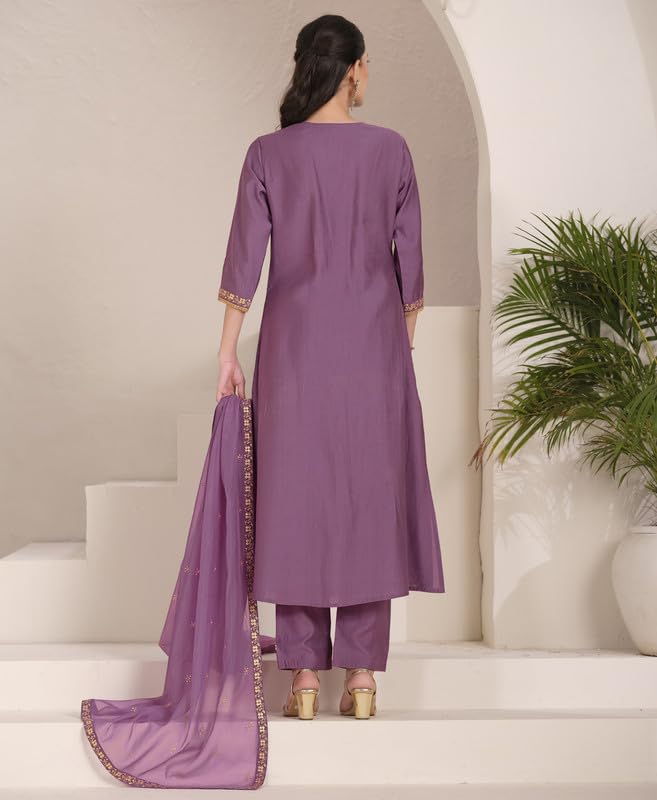 Lavender Embroidered Kurta Set with Dupatta for Women
