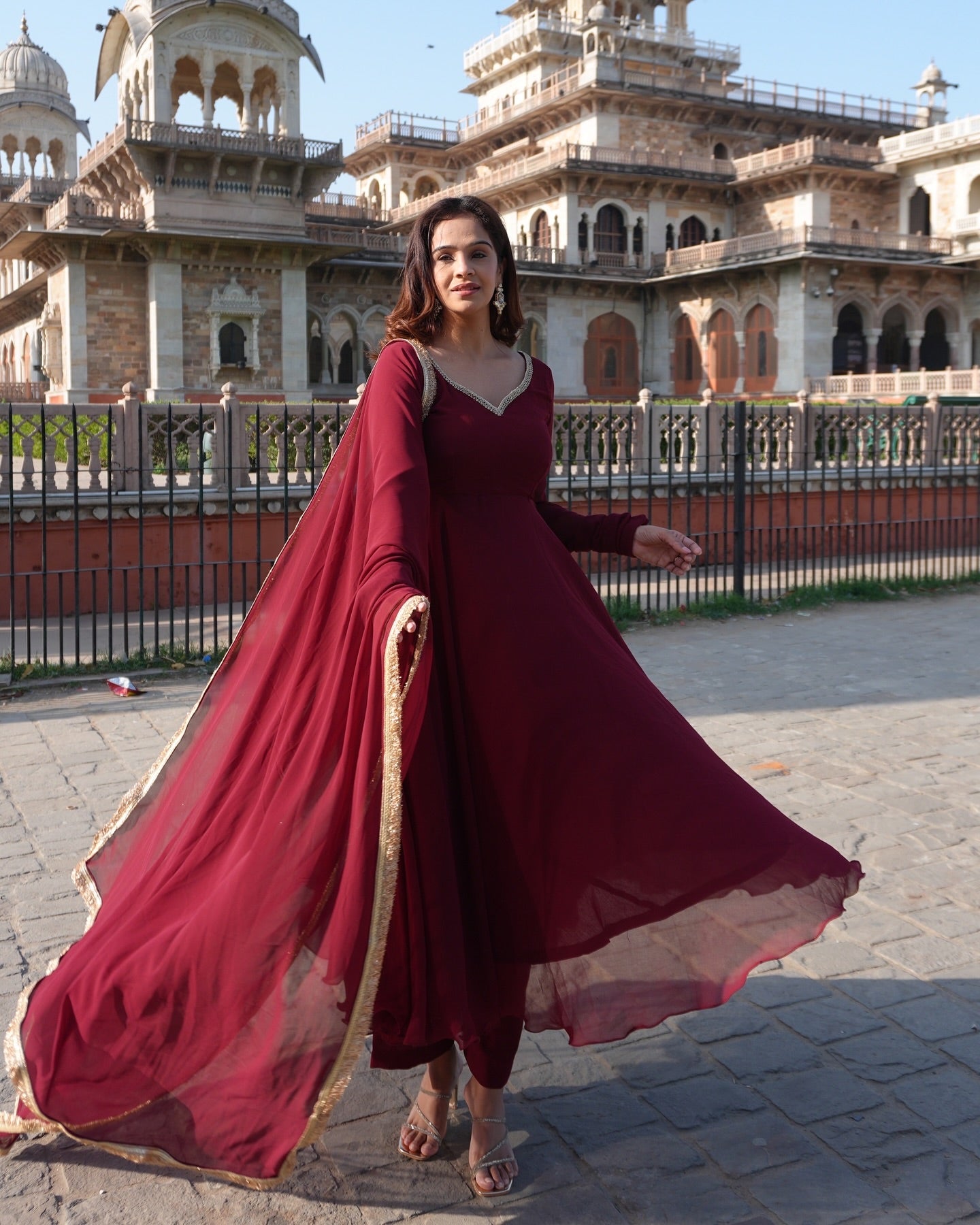 Maroon Georgette Anarkali Suit Set with Lace Neckline & Bordered Dupatta