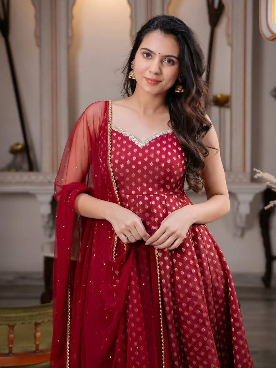Stunning Maroon Red Banarasi Jacquard Booti Flared Anarkali Kurti with Straight Pants & Net Dupatta Set for Women