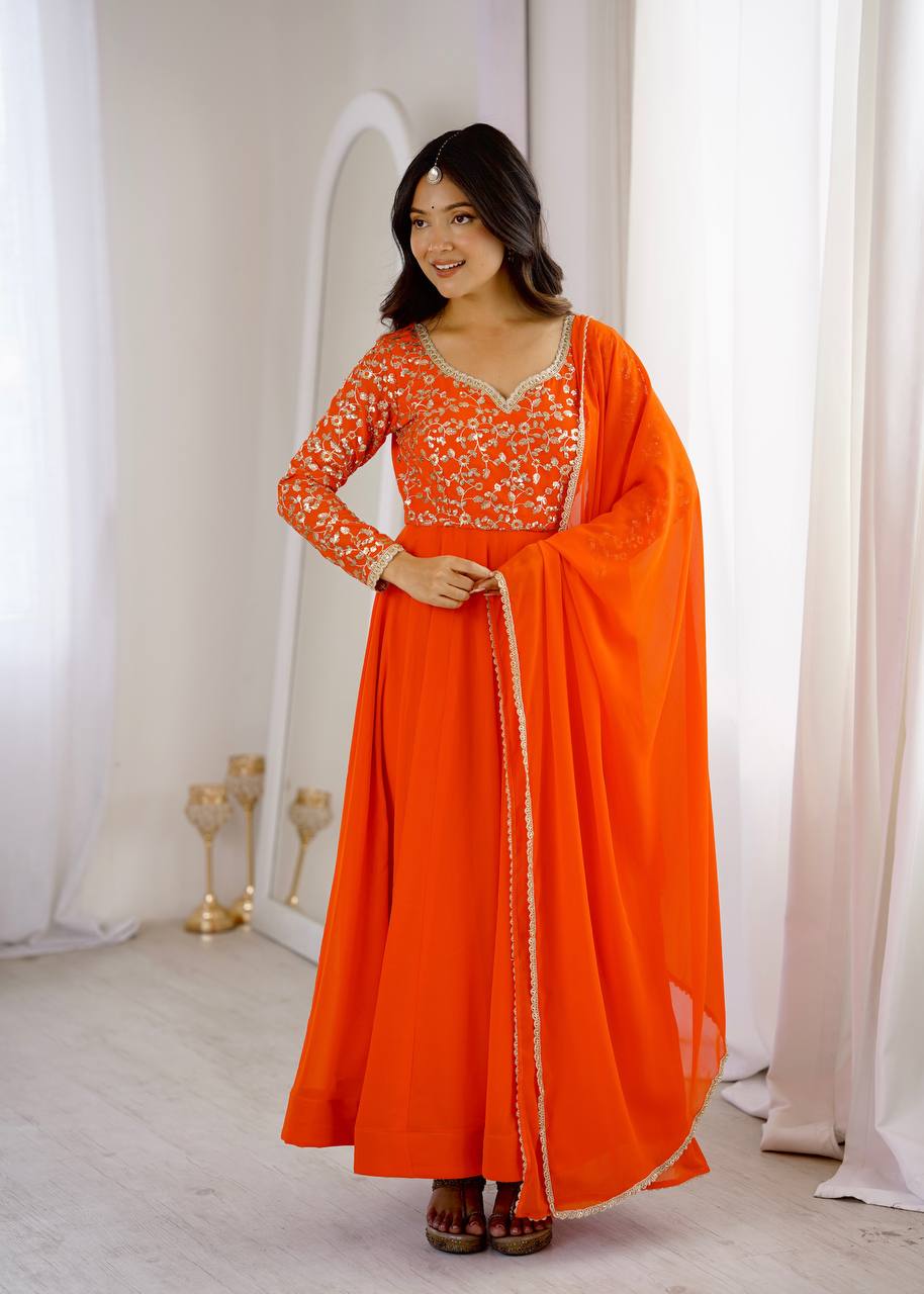 Bright Orange Embroidered Anarkali Suit Set with Dupatta