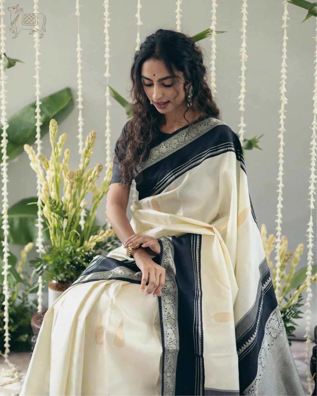 Elegant White Silk Saree with Black Border & Zari Work