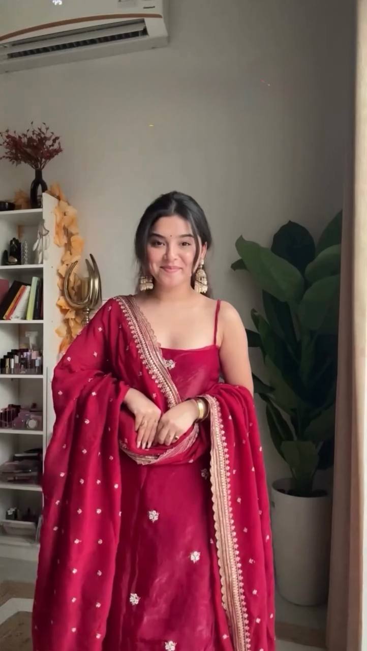 Elegant Maroon Crimson Silk Strappy Kurti Set with Gold Embroidered Bootis & Lace Border Dupatta for Women