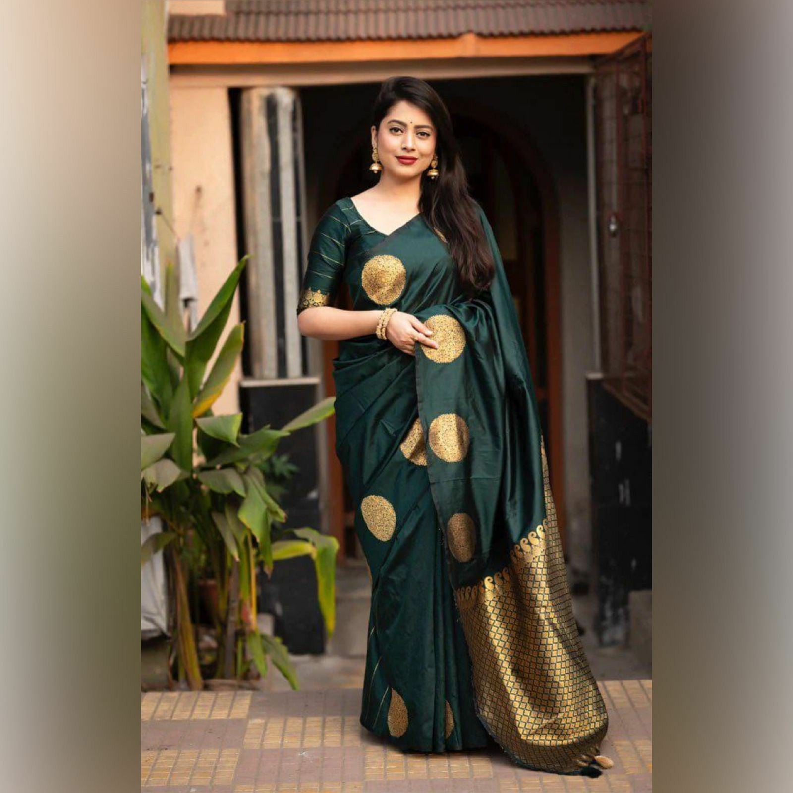 Green Banarasi Silk Saree with Bold Gold Buttas