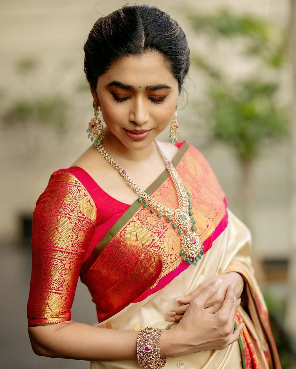 Beige Silk Saree with Red & Gold Zari Border