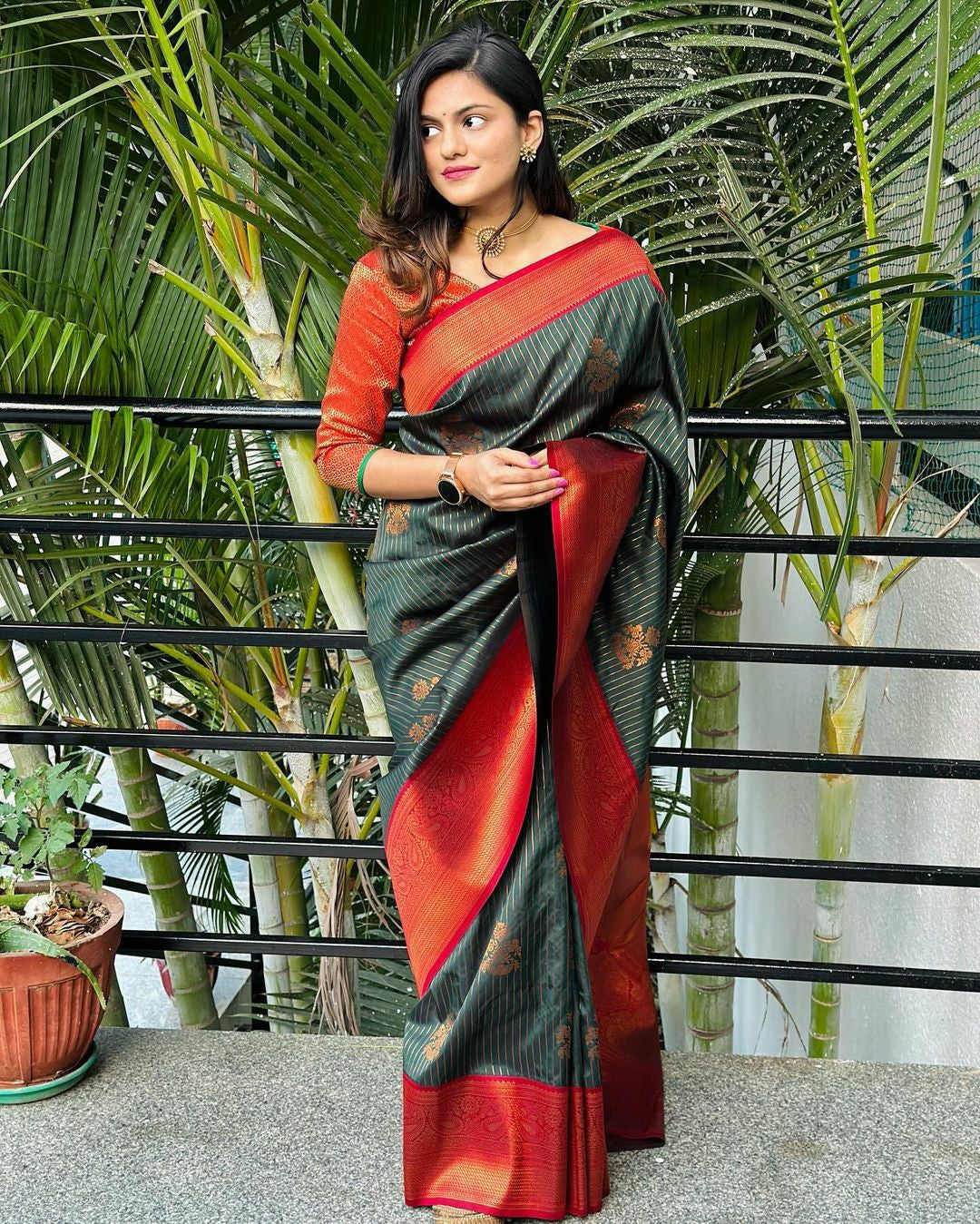 Dark Green Silk Saree with Red & Gold Border