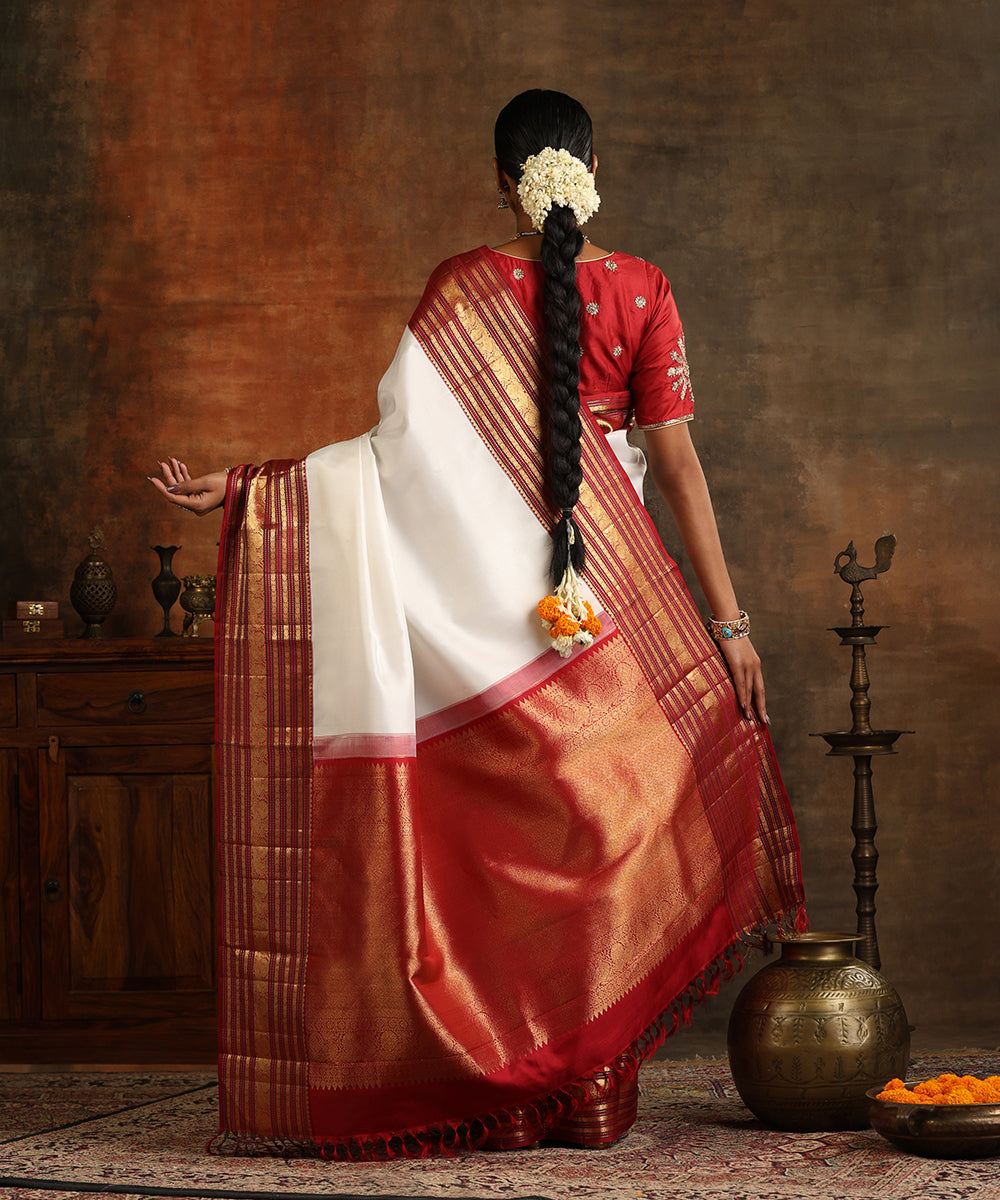 White Silk Saree with Red & Gold Border