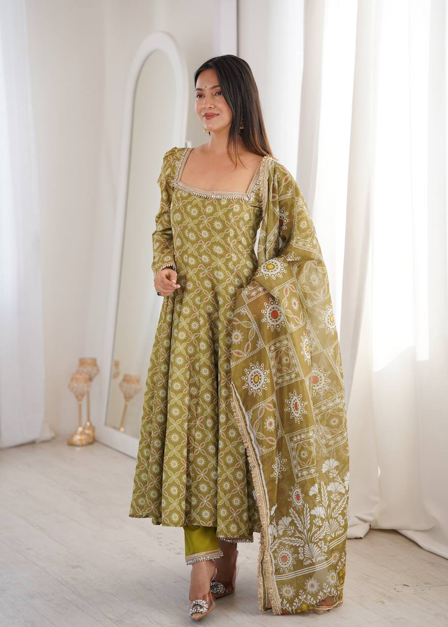 Olive Green Olive Printed Anarkali Suit Set with Lace Dupatta