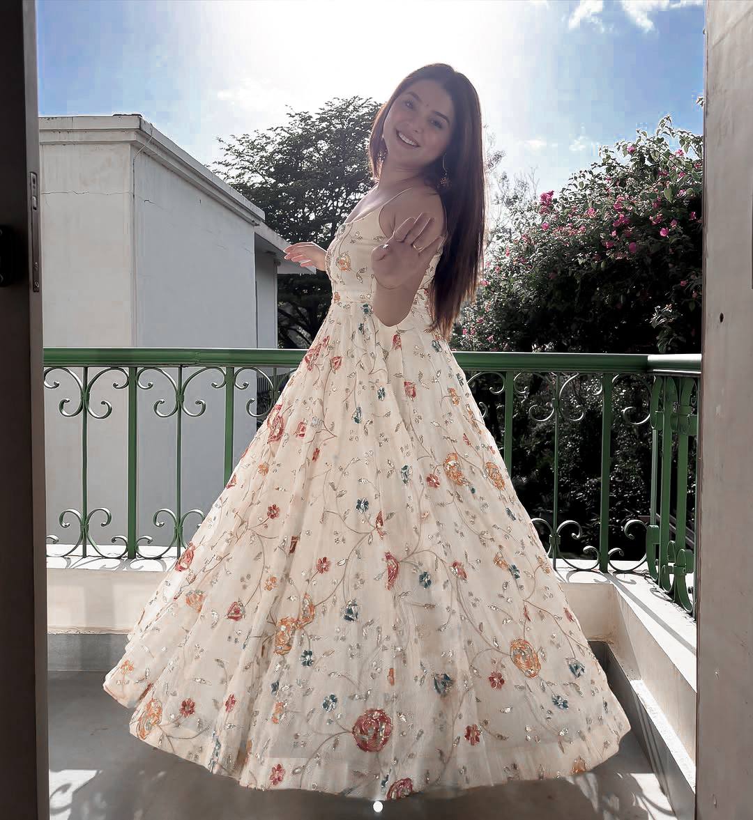 Off-White Floral Threadwork & Sequin Embroidered Strappy Anarkali Gown with Solid Dupatta Set for Women