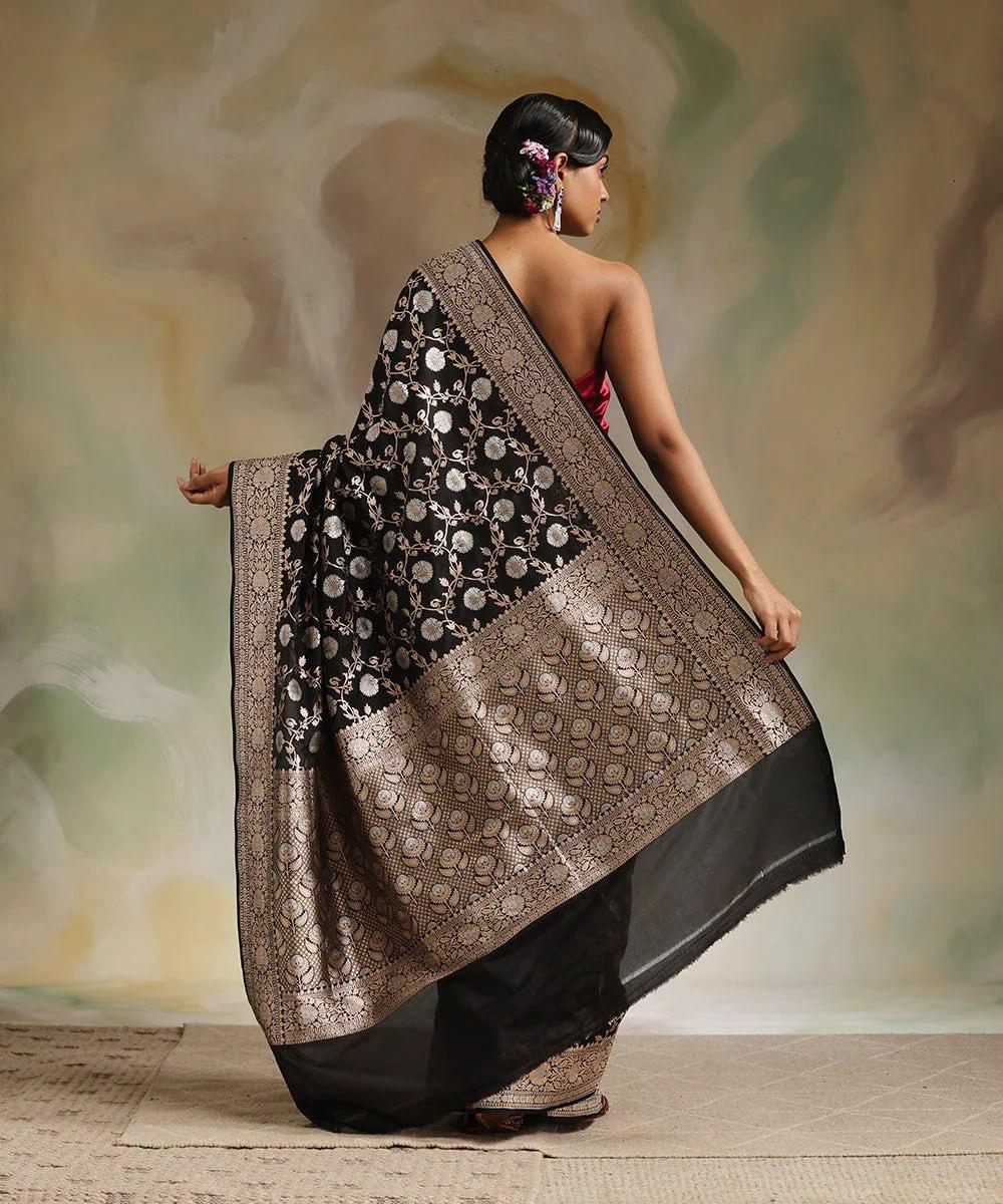 Black Banarasi Silk Saree with Silver Zari Floral Weave & Designer Blouse