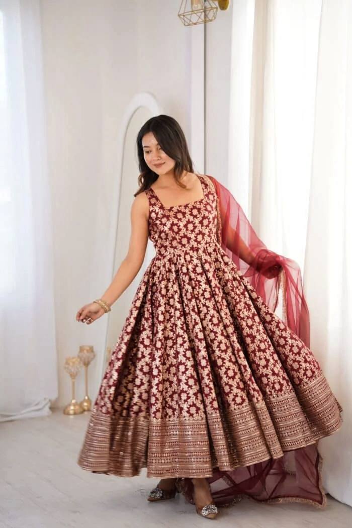 Rich Maroon Brocade Banarasi Jacquard Flared Anarkali Kurti with Sheer Organza Lace Dupatta Set for Women