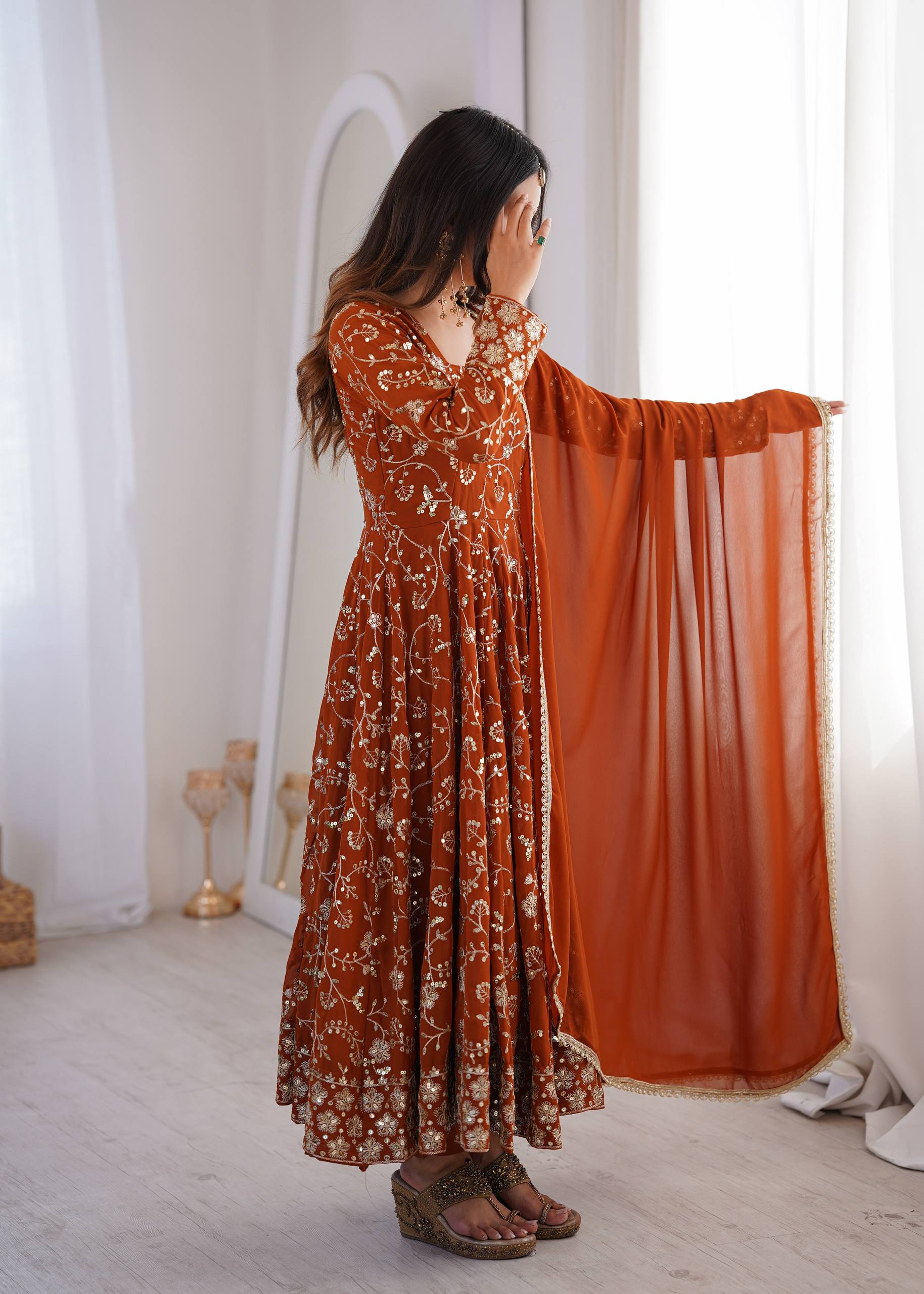 Rust Orange Sequined Floral Jaal Anarkali Suit Set with Georgette Dupatta