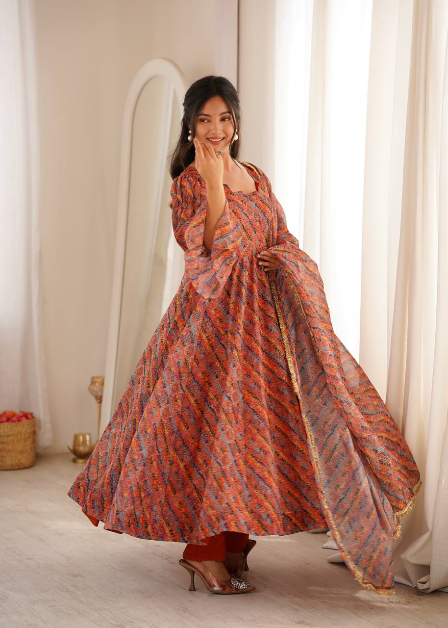 Rust Orange Floral Printed Anarkali Suit Set with Bell Sleeves & Dupatta
