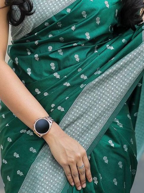 Emerald Green Cotton Silk Saree with Silver Border