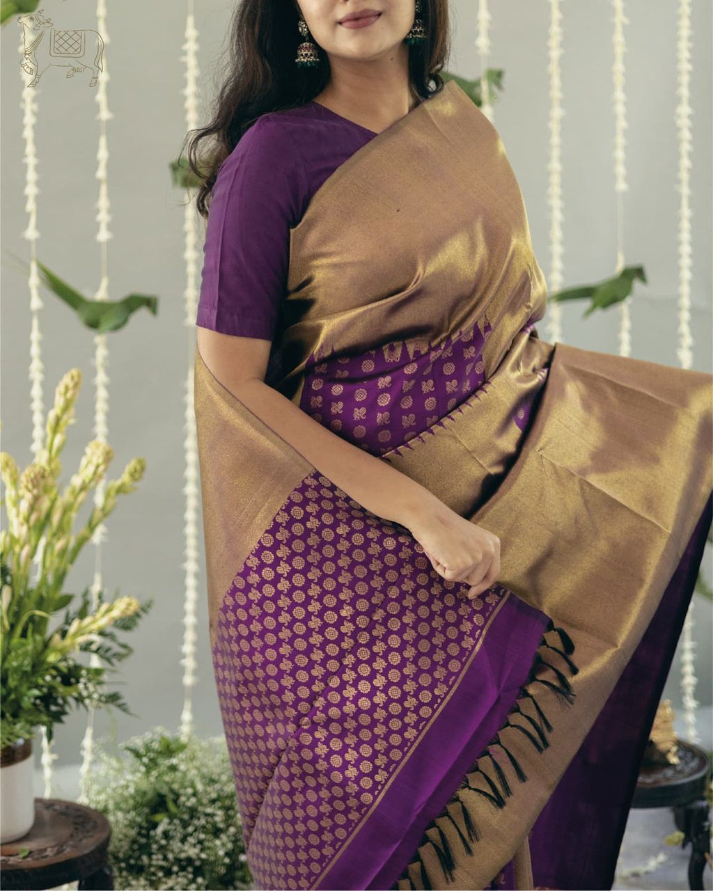 Purple Silk Saree with Gold & Brown Border