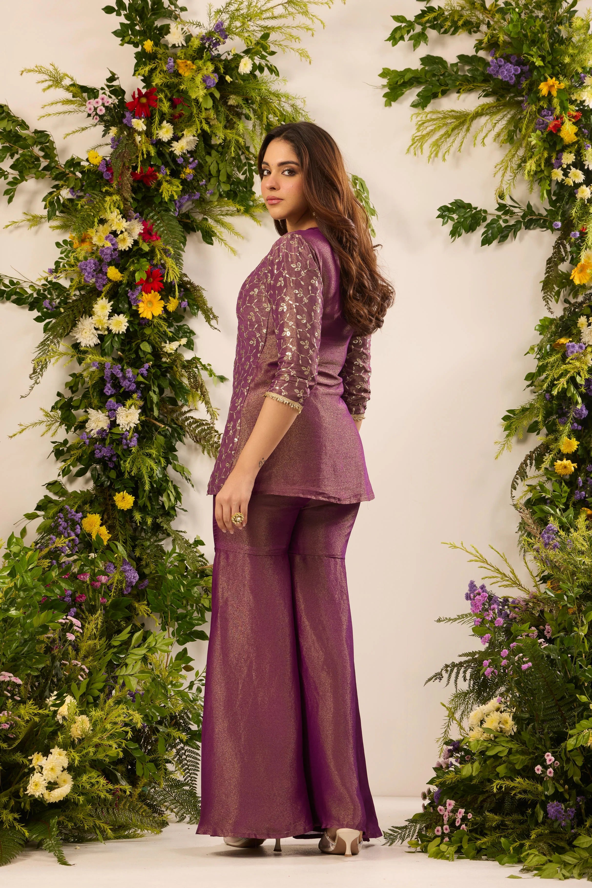 Elegant Purple Metallic Thread Embroidery Kurti with Wide-Leg Sharara Pants & Dupatta Set for Women
